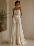 Lace Bandeau Crop Top And Wide-Leg Palazzo Pants Set