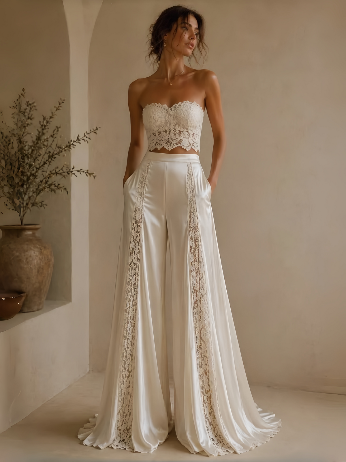 Lace Bandeau Crop Top And Wide-Leg Palazzo Pants Set