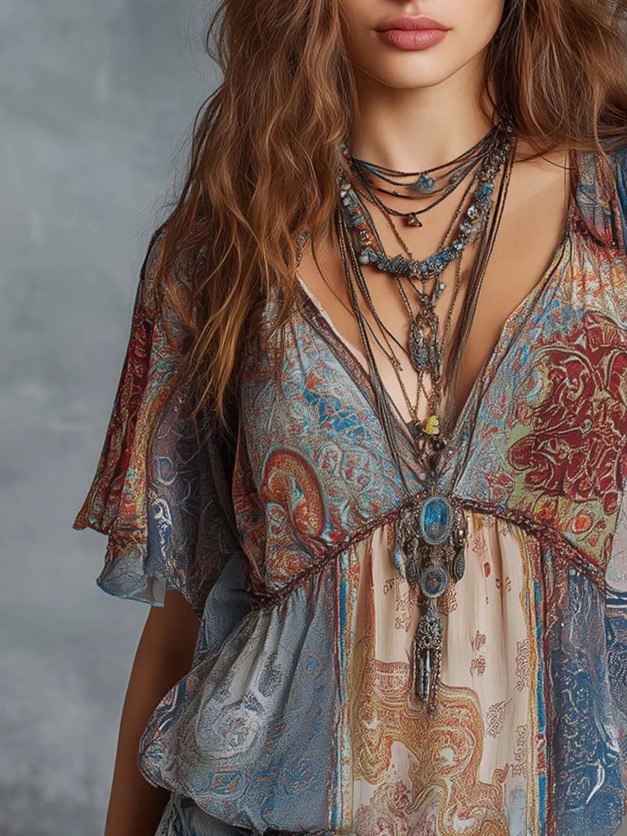 Retro Paisley Patchwork Print Chiffon Blouse