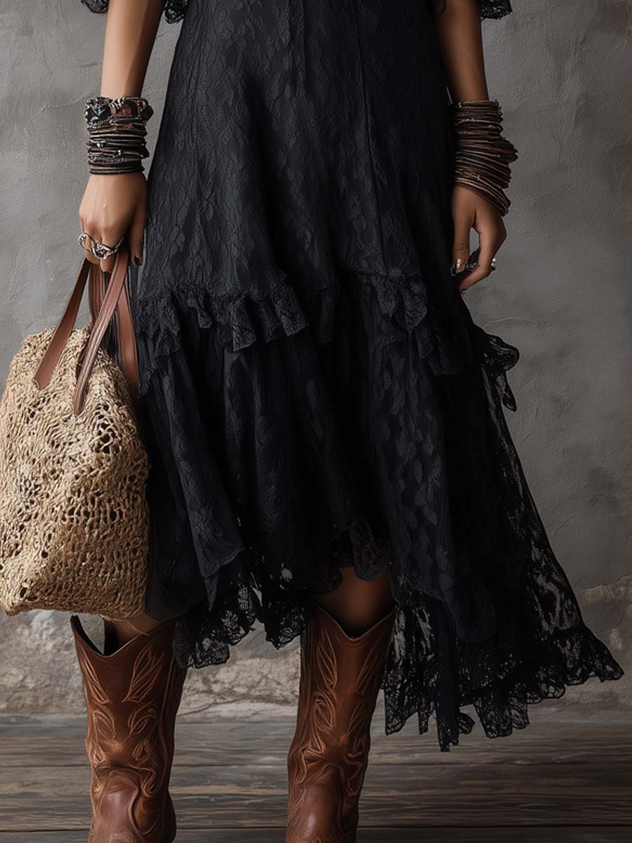 Retro V-neck Ruffle Cuffs Lace Midi Dress