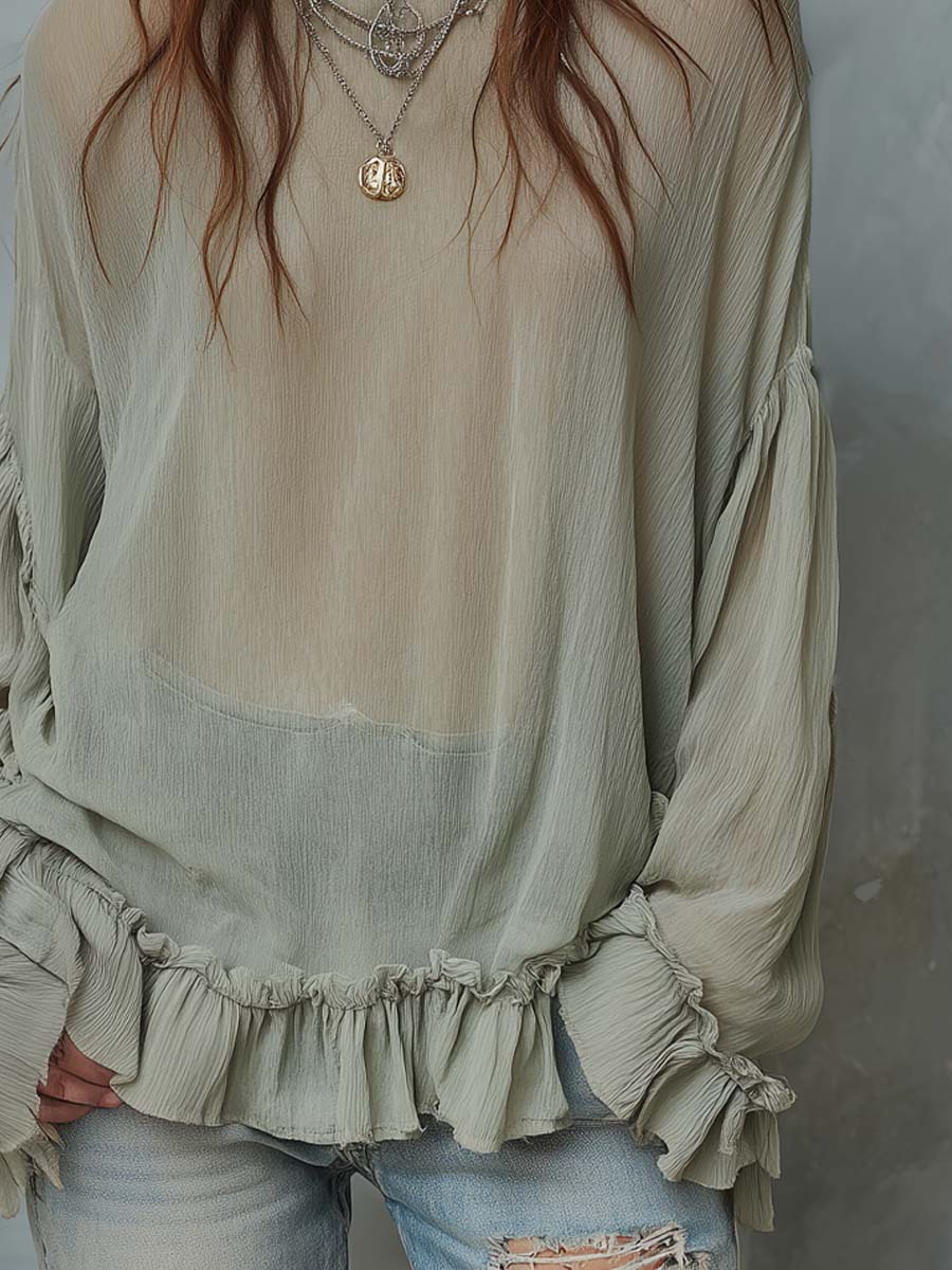 Vintage Ruffled Hem Sheer Blouse