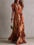 Rust Orange Fern Leaf Print Deep V Flutter Sleeve Tie Waist Ruffle Hem Maxi Dress
