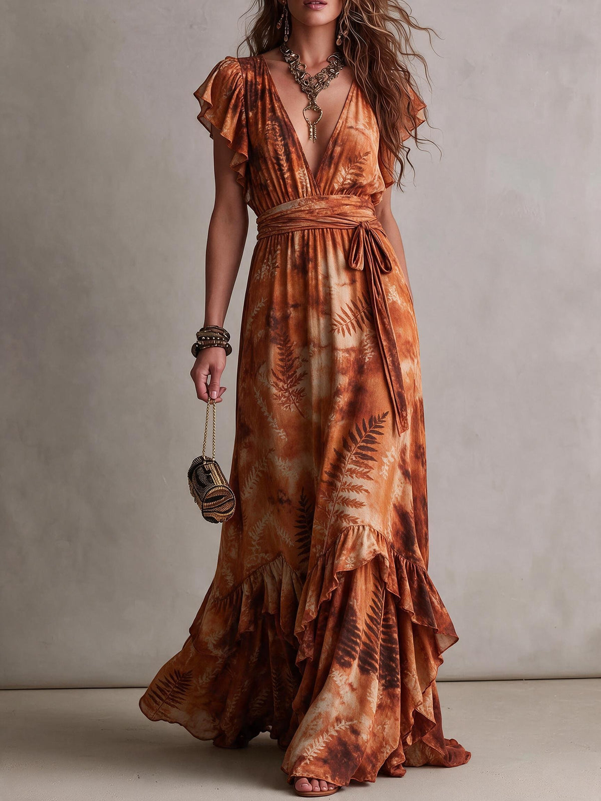 Rust Orange Fern Leaf Print Deep V Flutter Sleeve Tie Waist Ruffle Hem Maxi Dress
