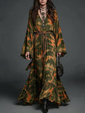 Olive Orange Tie-Dye Deep V Batwing Bell Sleeve Braided Belt Ruffle Hem Maxi Dress