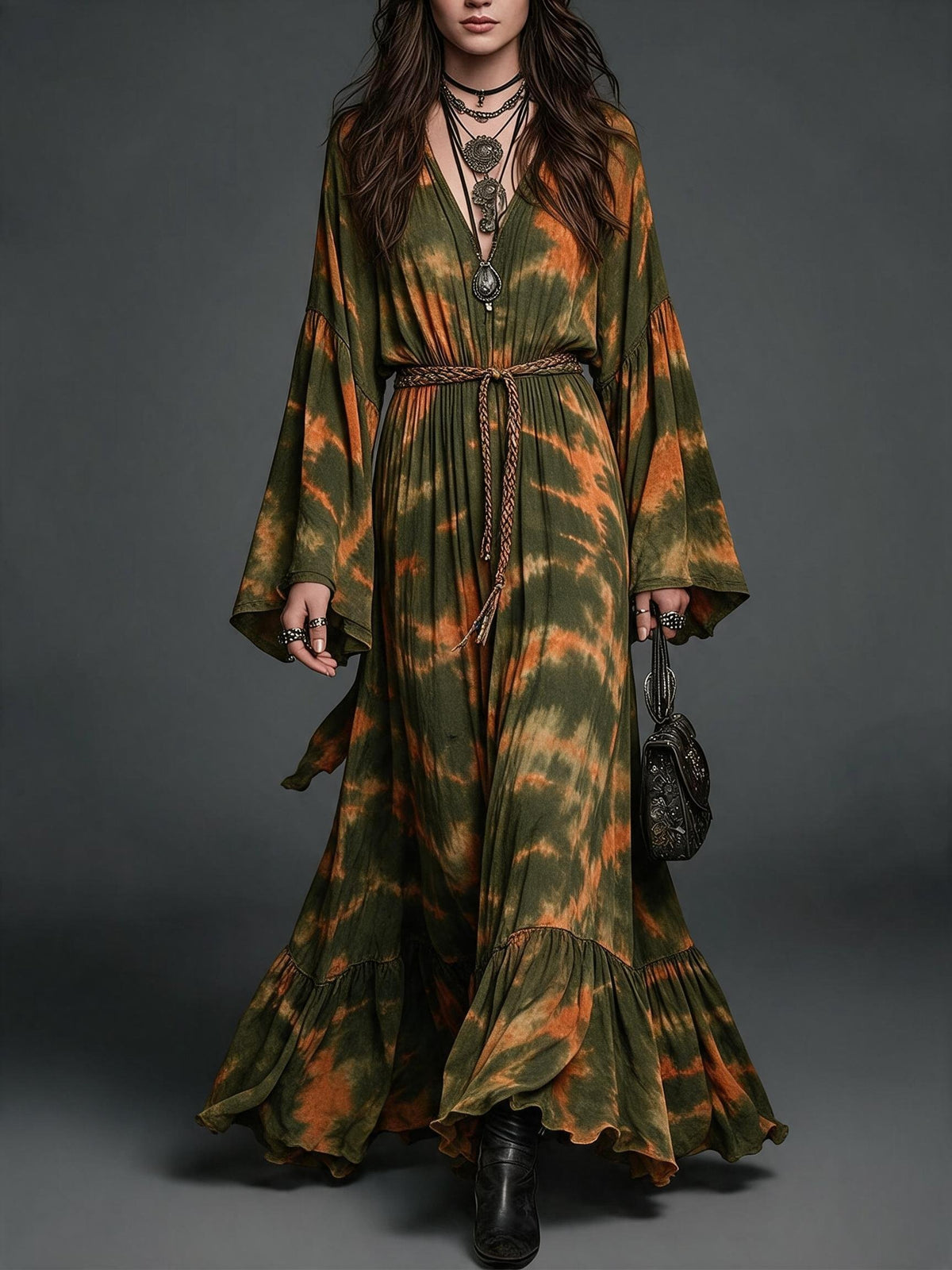 Olive Orange Tie-Dye Deep V Batwing Bell Sleeve Braided Belt Ruffle Hem Maxi Dress
