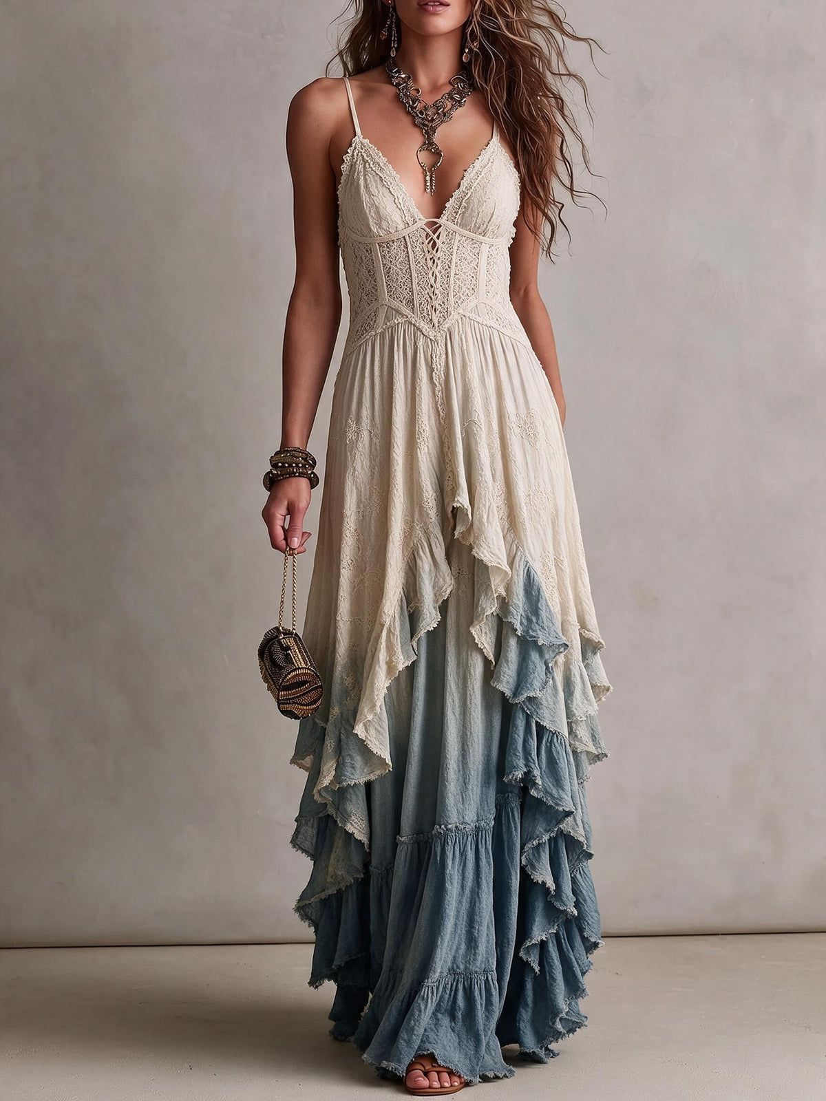 Ivory Blue Ombre Lace Embroidery Spaghetti Strap Deep V Lace-Up Layered Ruffle Hem Maxi Dress