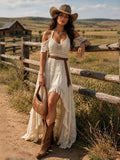 Ivory Crochet Hollow Out Halter Cold Shoulder Fringe Waist Hi-Lo Lace Maxi Dress