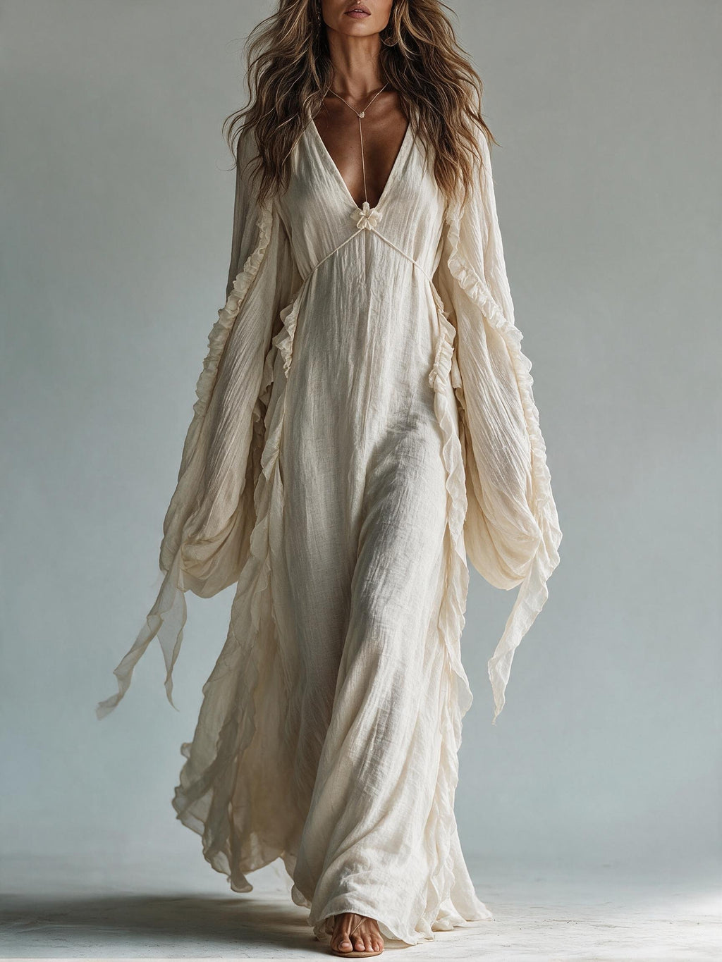 Cream Deep V-Neck Ruffle Sleeve Maxi Dress