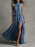 Powder Blue High Neck Tiered Ruffle Dress