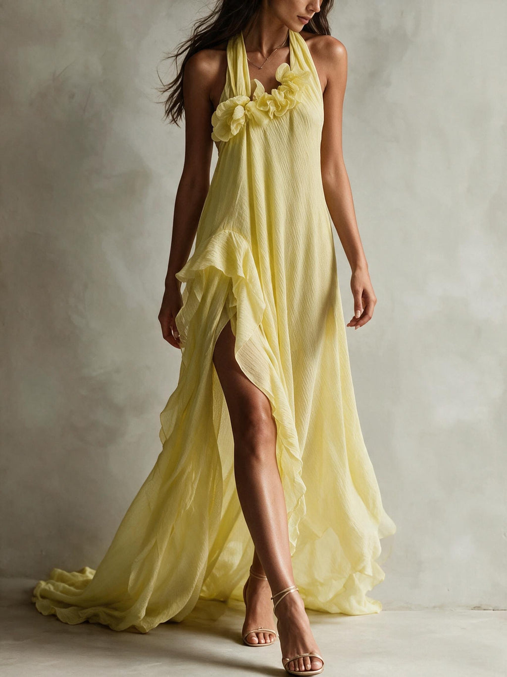 Yellow Halter Floral Applique Maxi Dress