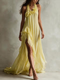 Yellow Halter Floral Applique Maxi Dress