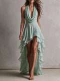 Mint Cowl Neck Ruffle High-Low Dress