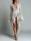 White Sheer Lace Tie-Front Robe Dress