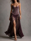 Plum Lace Corset High-Slit Maxi Dress