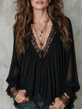 Black Sheer Lace Trim Tunic Blouse