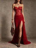 Red Lace Corset Strapless Slit Train Maxi Dress | Sexy Y2K Evening Gown