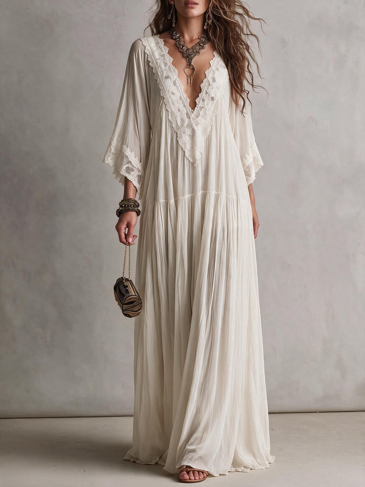 Cream Sheer Lace Trim Maxi Dress