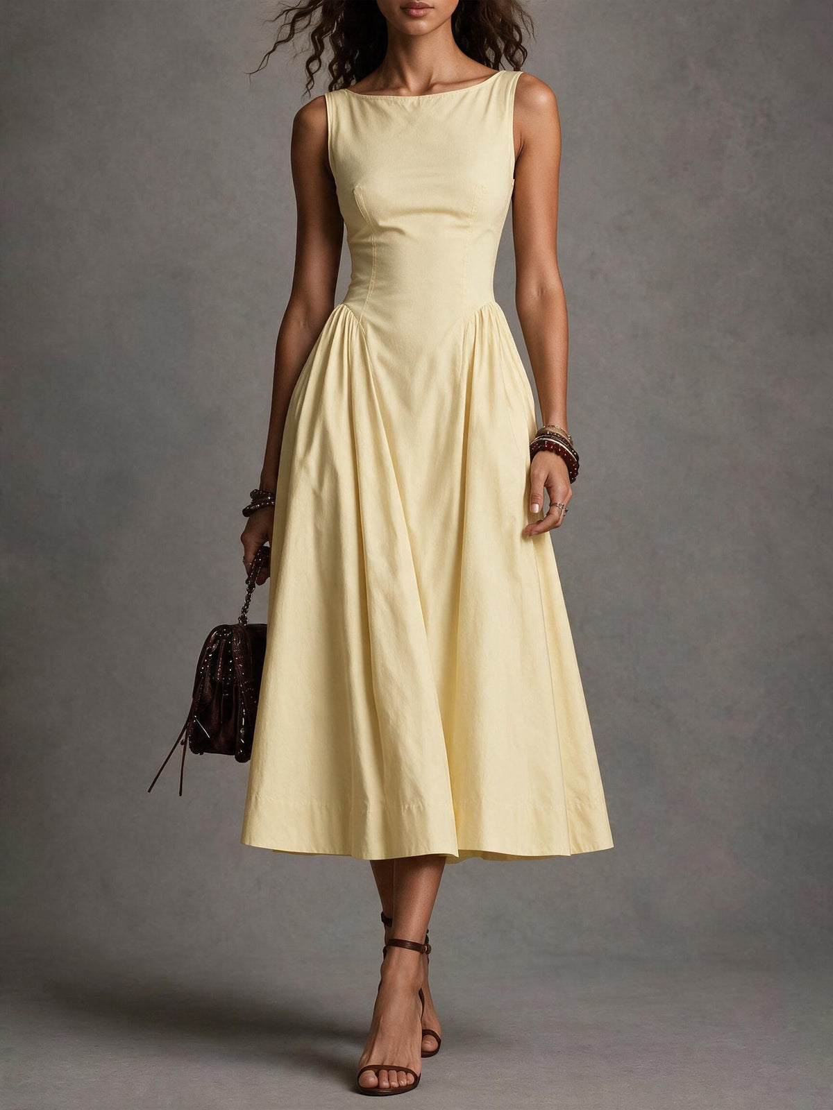 Yellow Sleeveless Pleated Midi Dress