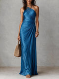 Blue Pleated One Shoulder Maxi Dress