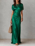 Green Satin Ruched Short Sleeve Maxi Dress