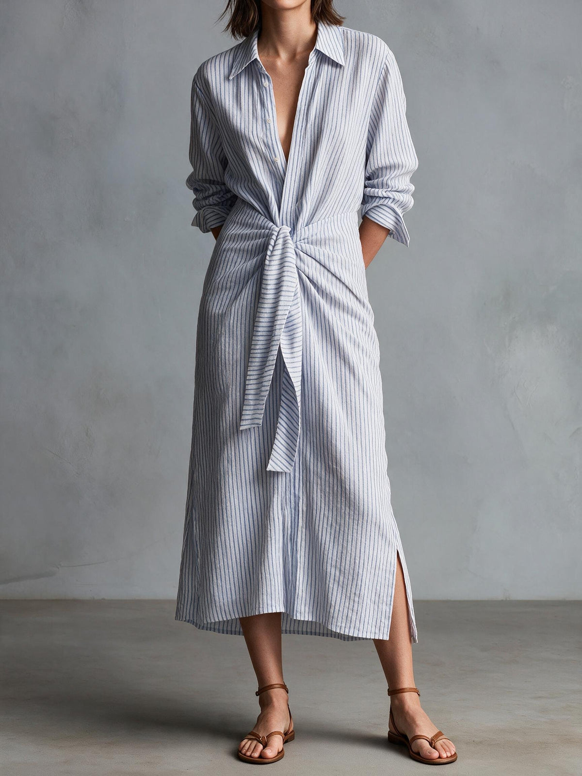 LightBlue Striped Tie Front Midi Shirt Dress