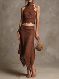Brown Lace Halter Crop Top and Skirt Set