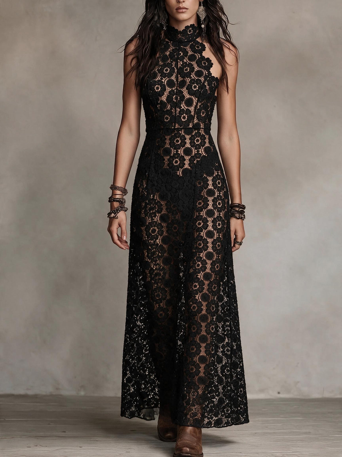 Black Floral Lace Halter Maxi Dress