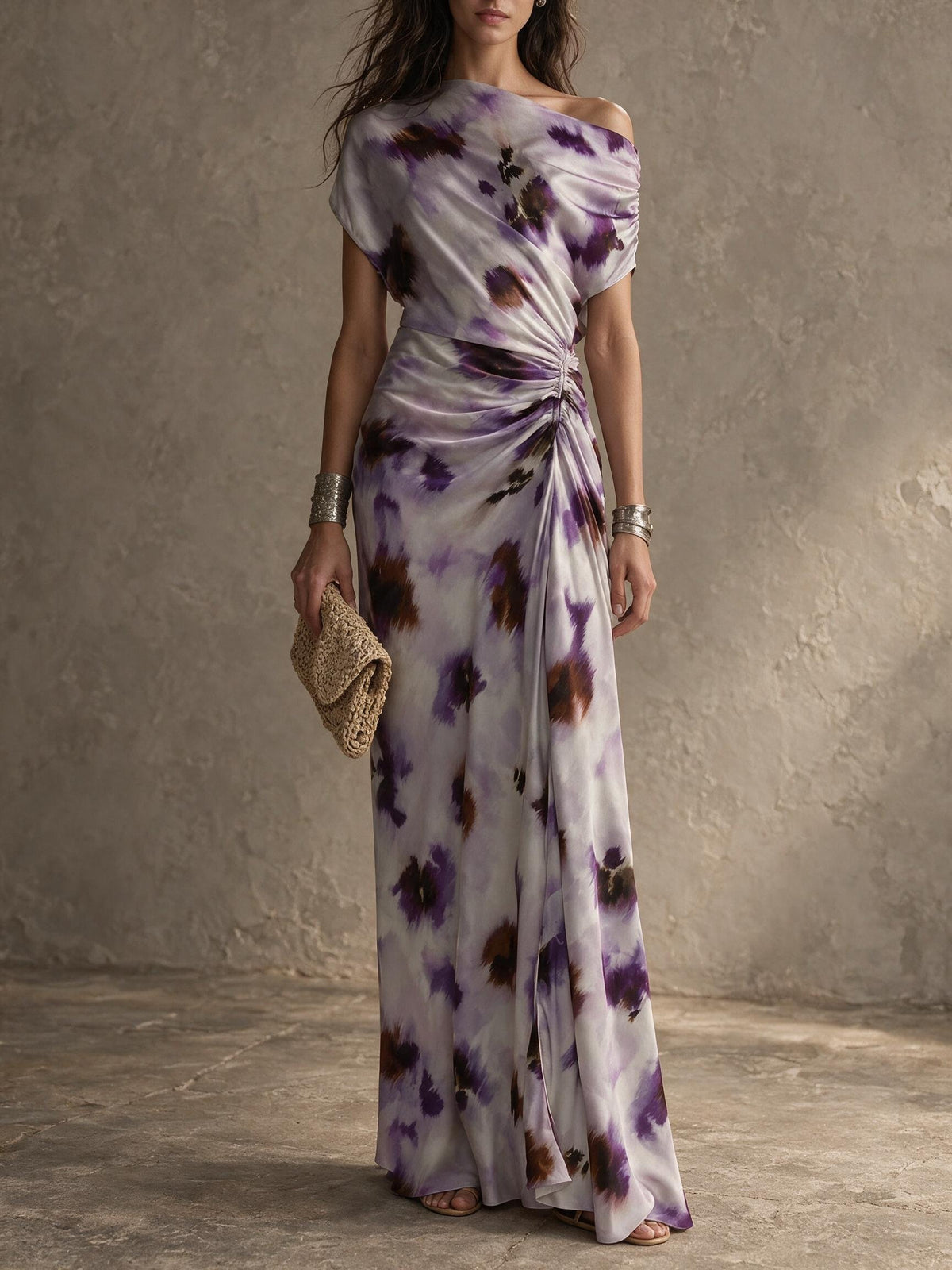 Purple Tie Dye Draped Maxi Dress