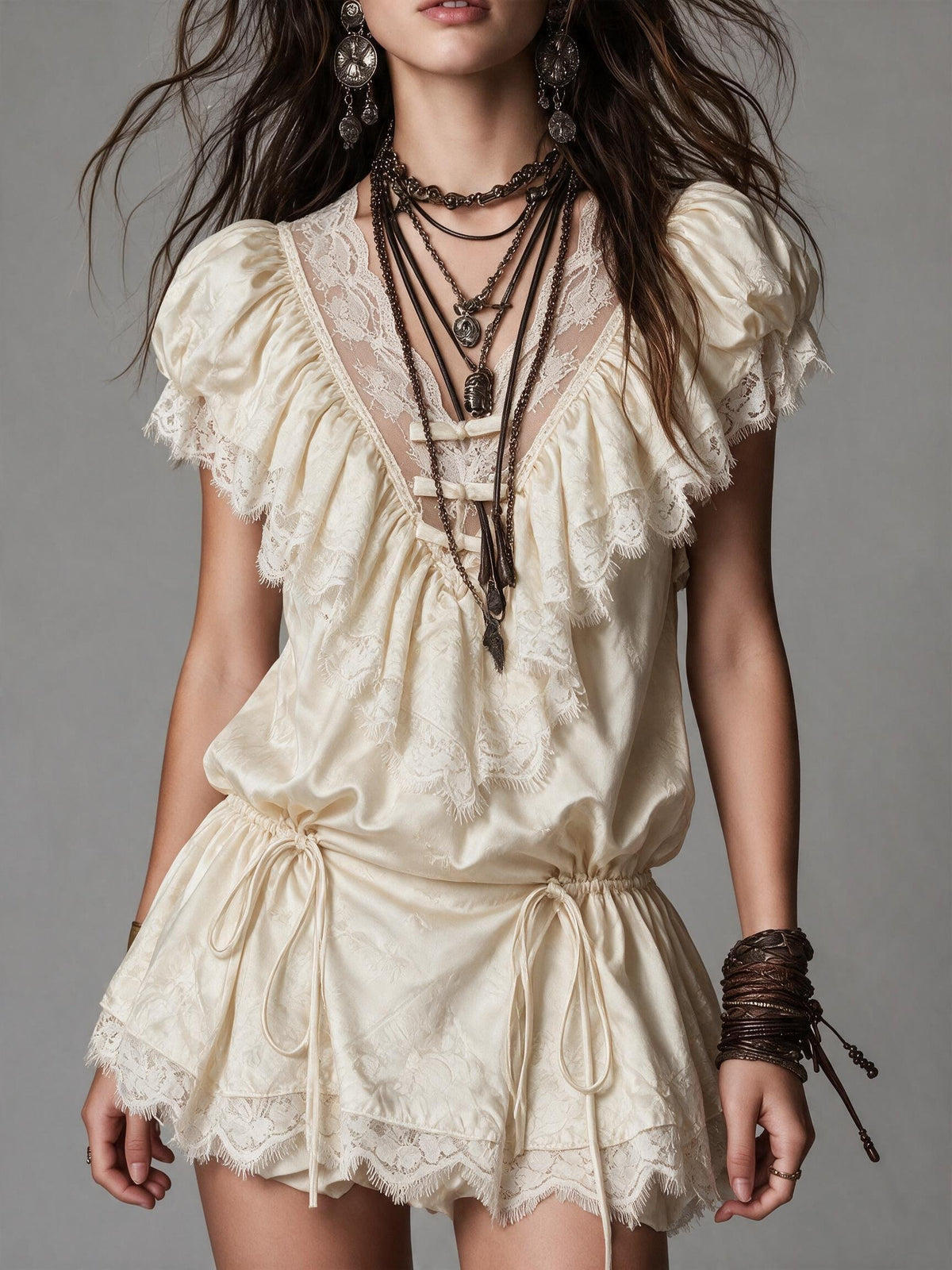 Cream Lace Ruffle Tiered Mini Dress