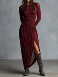 Burgundy Ruched Draped Maxi Dress