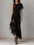 Black Lace Trim Asymmetric Midi Dress
