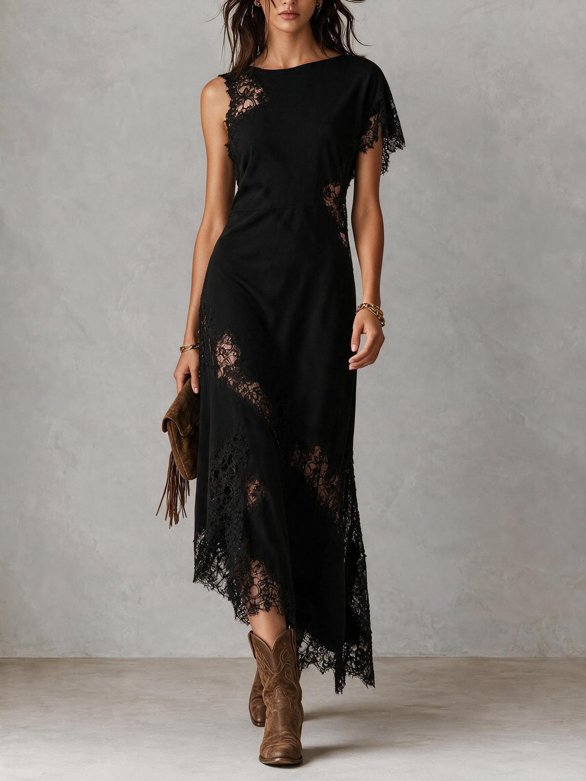 Black Lace Trim Asymmetric Midi Dress