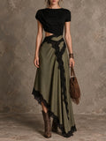 Olive Lace Trim Asymmetric Maxi Skirt Set