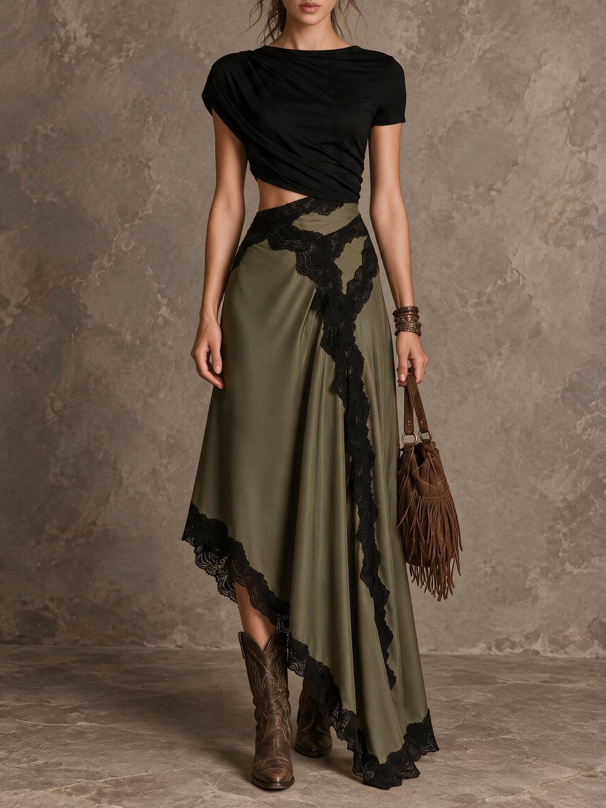 Olive Lace Trim Asymmetric Maxi Skirt Set