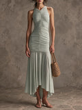 Sage Green Ruched Halter Midi Dress