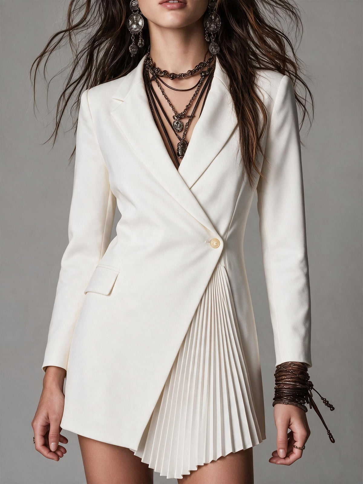 White Tailored Pleated Blazer Dress