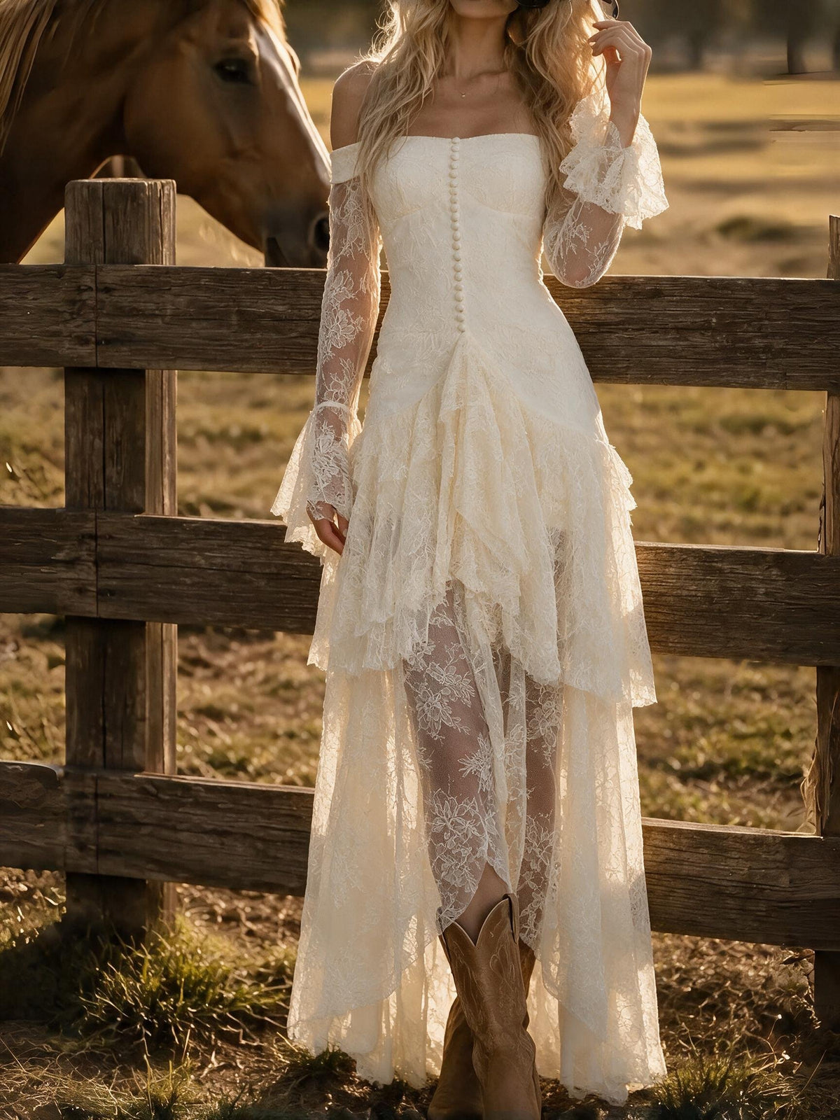 Cream Lace Off-Shoulder Maxi Dress