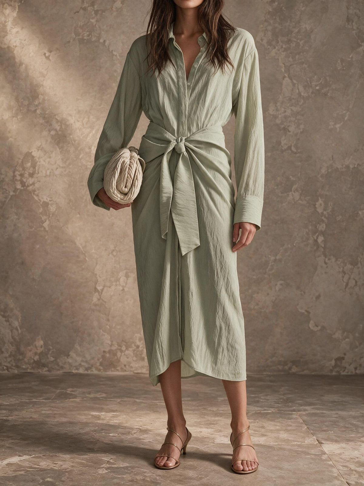 Sage Green Tie Front Midi Shirt Dress