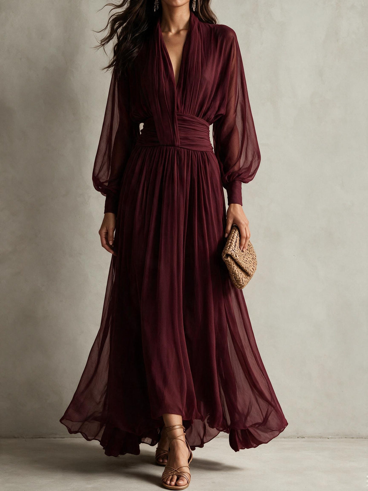 Burgundy Sheer Pleated Maxi Dress