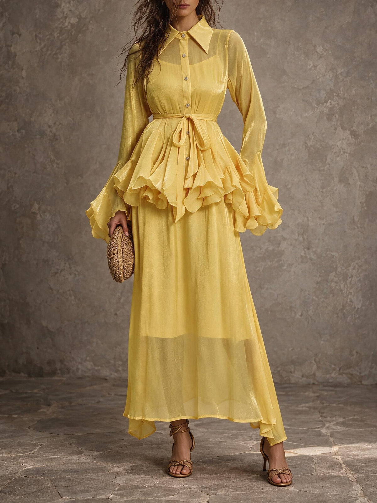 Yellow Ruffled Sheer Maxi Dress