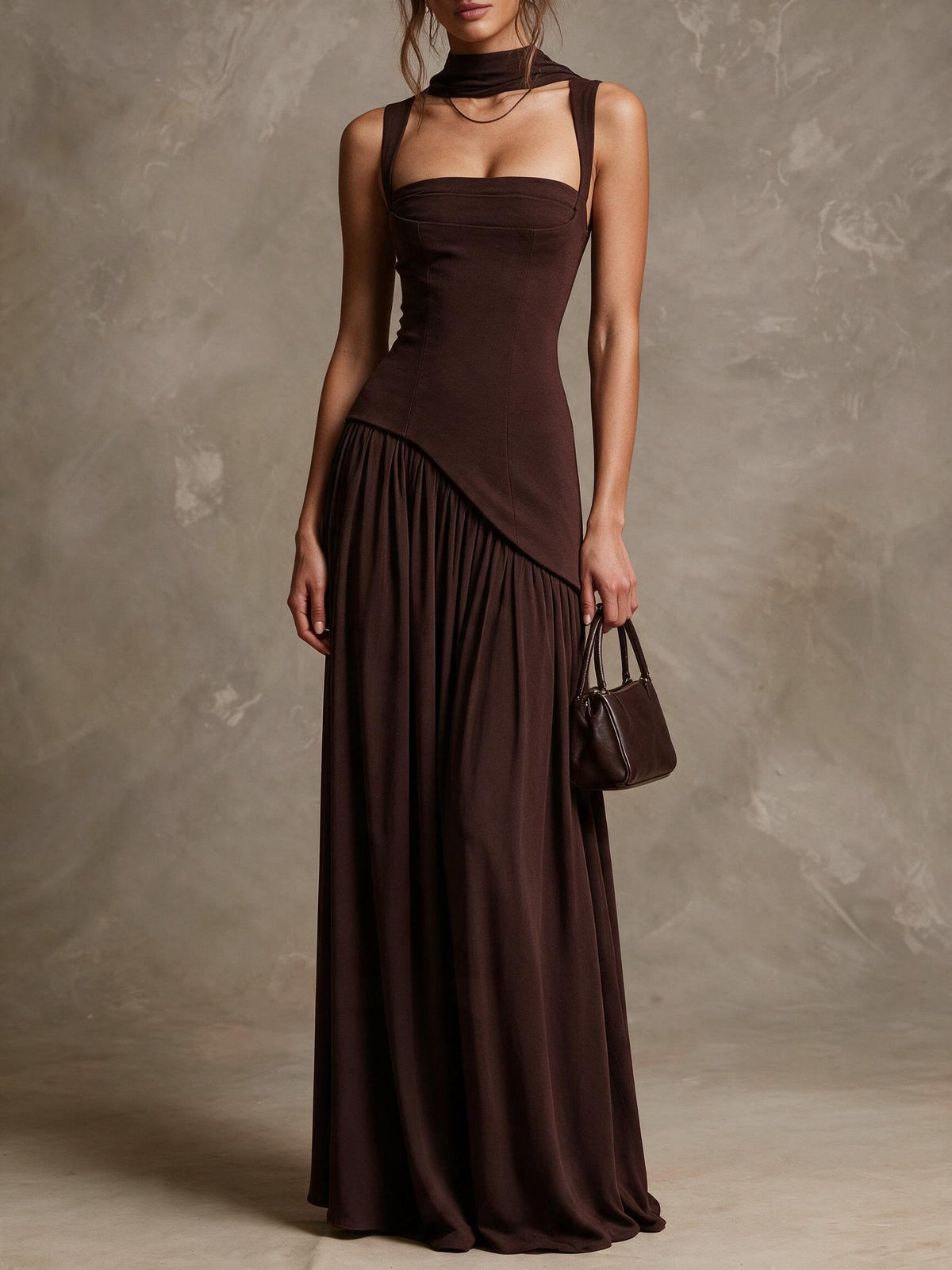 Elegant Burgundy Square Neck Backless Waist-Cinched Drapey Maxi Dress