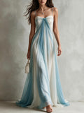 Sky Blue & Ivory Draped Spaghetti Strap Maxi Dress