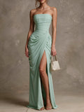 Mint Green Strapless Ruched High-Slit Maxi Gown with Pockets