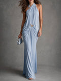 Sky Blue Halter Draped Chiffon Maxi Gown With Gold Butterfly Ornaments, Open Back High Slit Luxury Vacation Dress