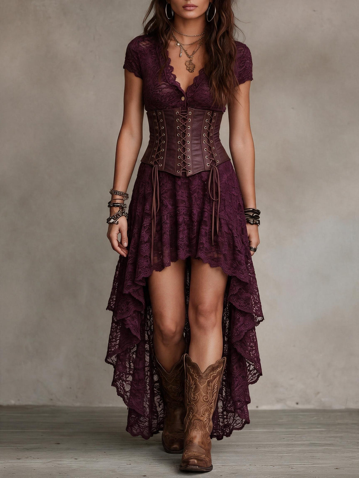 Burgundy Lace V-Neck High-Low Dress