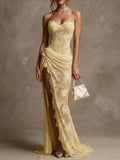 Women's Yellow Sheer Lace Strapless High Slit Maxi Dress - Formal Evening Gown
