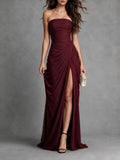 Burgundy Strapless Ruched High-Slit Maxi Gown with Pockets