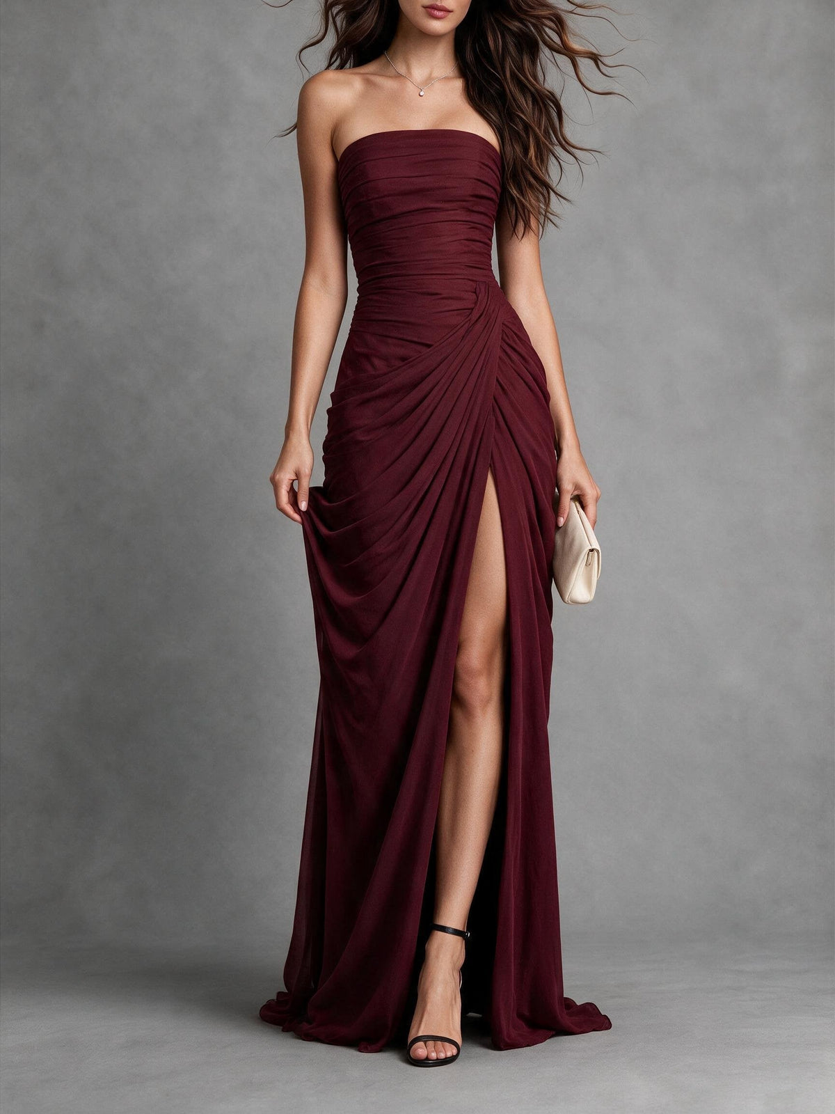 Burgundy Strapless Ruched High-Slit Maxi Gown with Pockets