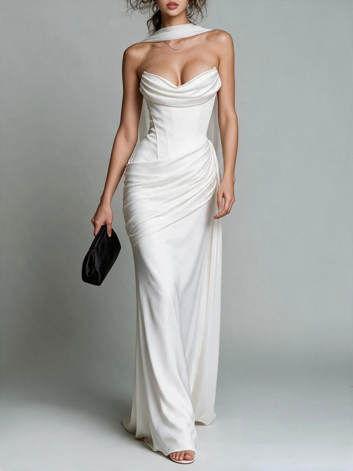 White / Red Strapless Cowl Neck Lace-Up Backless Draped Ruched Bodycon Mermaid Evening Maxi Dress