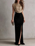 Shimmer Draped Bodice Ruched Split Maxi Dress